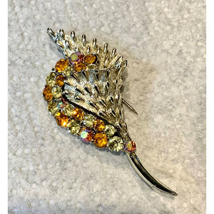 Coro Vintage Rhinestone & Aurora Borealis and Gold Tone Flower Brooch